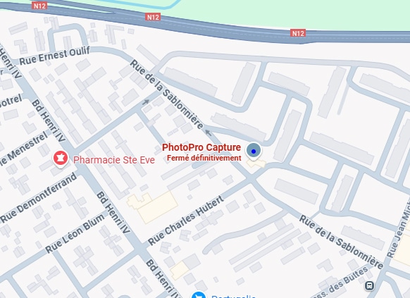 Carte de quartier avec rues Bd Henri IV, Rue de la Sablonnière, Pharmacie Ste Eve et PhotoPro Capture (Fermé définitivement).